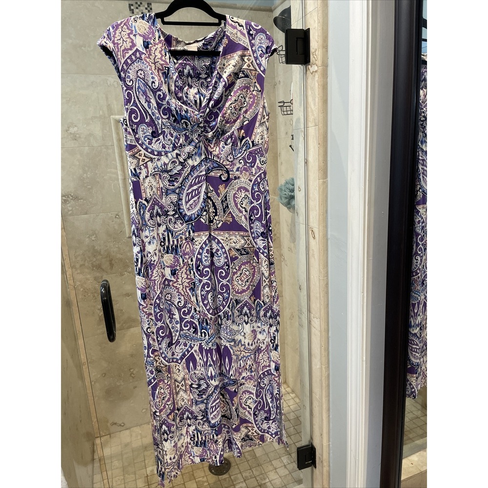 Chicos M  1 Maxi Dress Sleeveless Paisley Print Empire Waist Purple Stretch